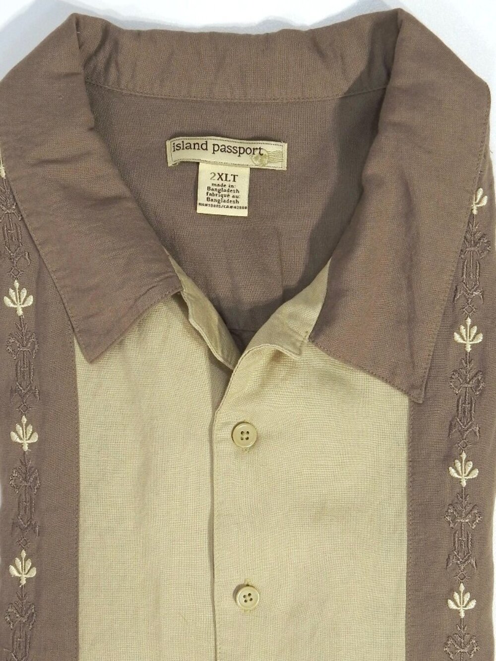 Island Passport 2XLT Mens 2 Tone Linen Blend Embroidered Shirt Brown